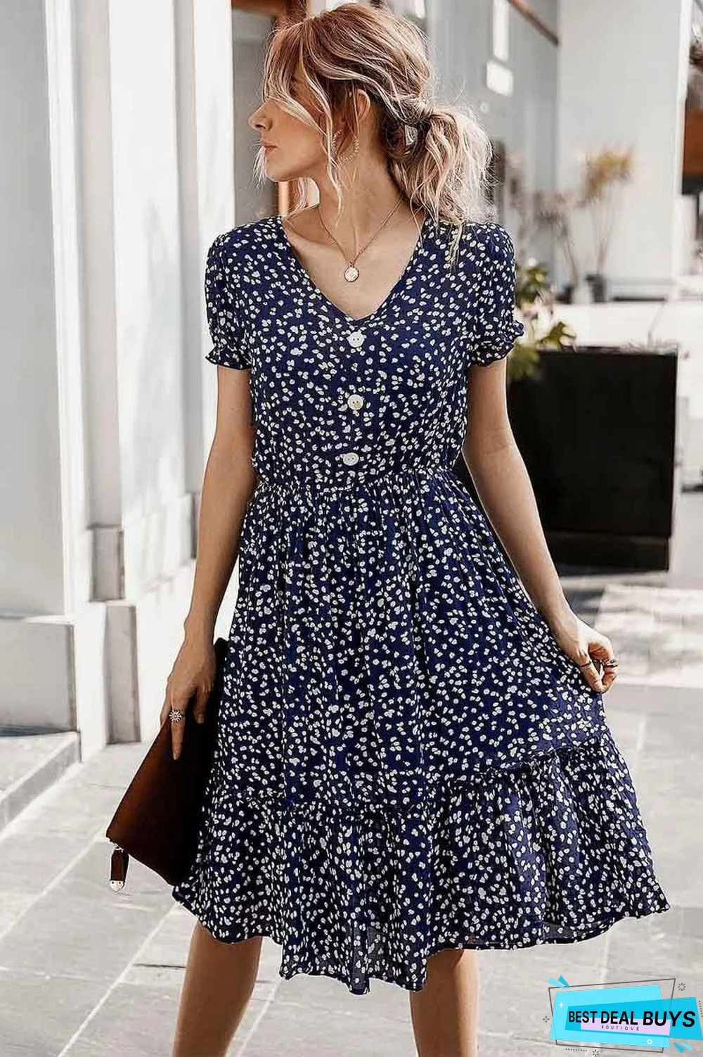 Cute Floral Print V-neck Dress