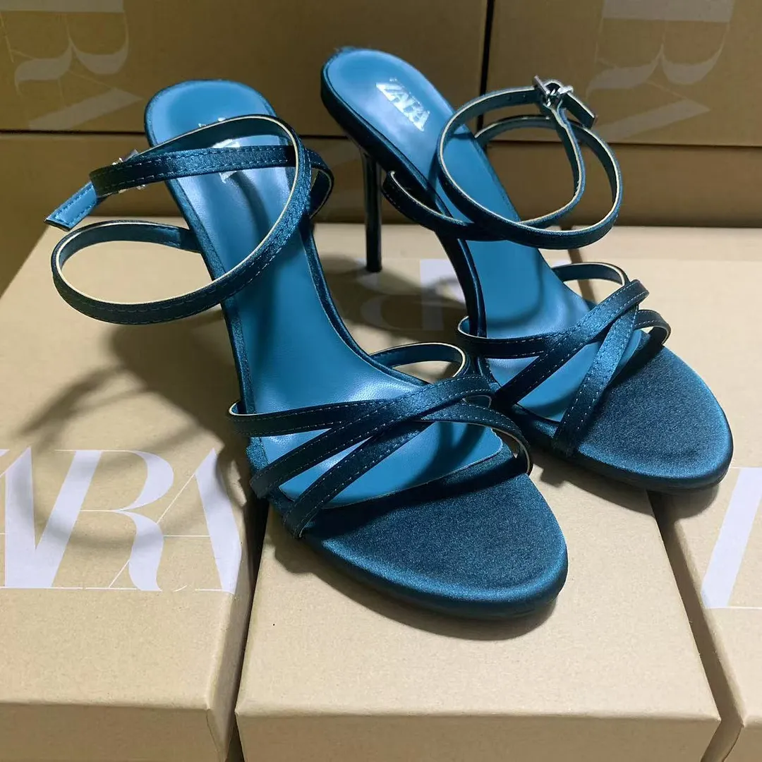 Breakj Breakj Home 2025 New French High-Heeled Women's Shoes Tip With Cross-Clasp Fashion Dew Sandals Female Peacock Green