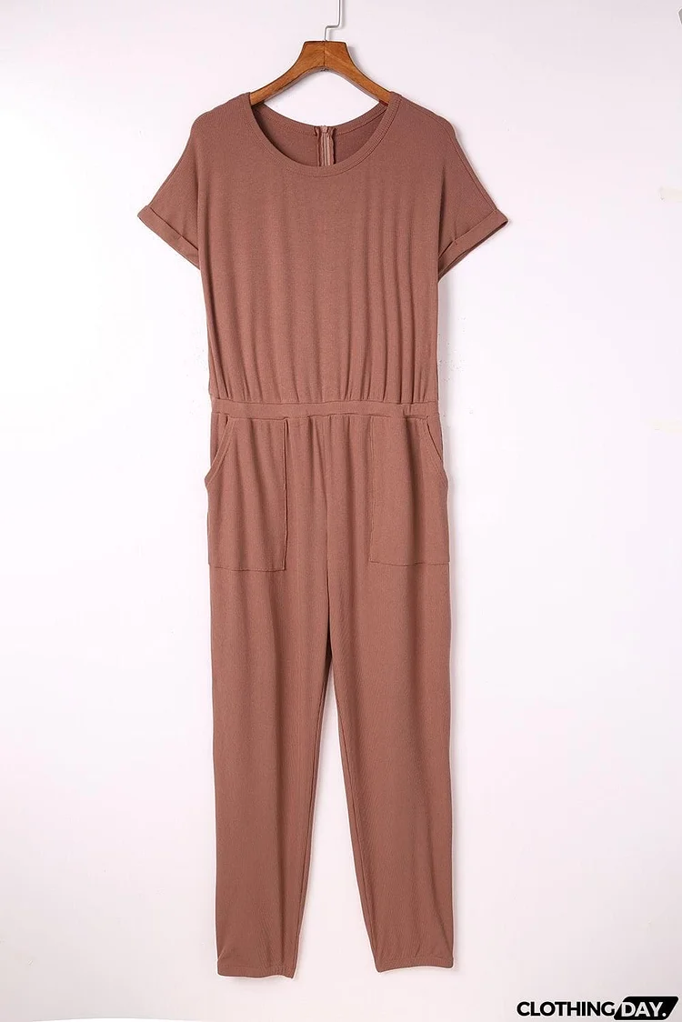 Ribbed Short Sleeve Jumpsuit with Pockets