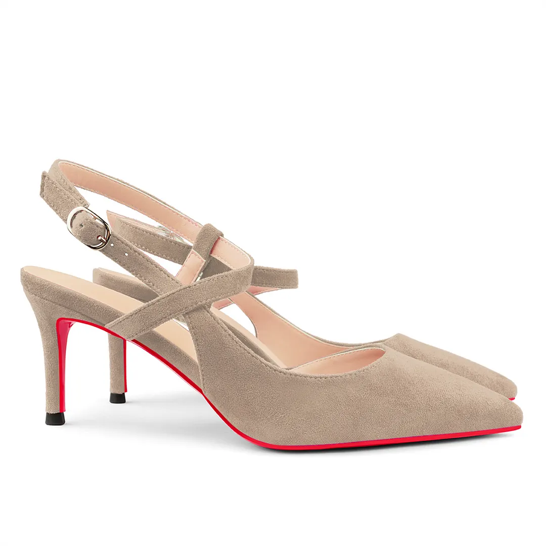 65mm Women Pumps Ankle Strap Jenlove Stiletto Slingback Suede Kitten Pointed Toe Dress Red Bottoms Heels-vocosishoes