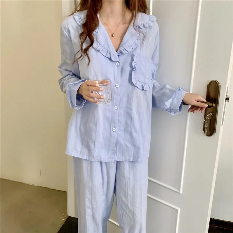 3 color 100% cotton home clothes women long sleeve ruffles blouse loose pants 2 piece set home suit sleepwear pajamas set Y122