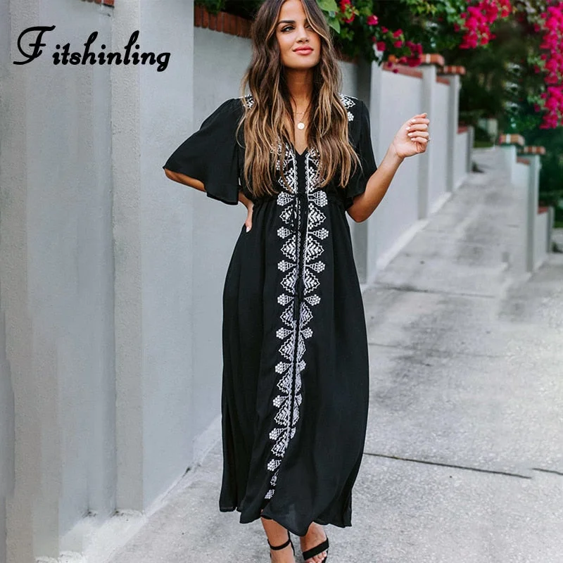 Fitshinling Holiday 2020 Embroidery Long Dress Beach Wear Bohemian Flare Sleeve A Line Pareos Robe Black Sexy Maxi Dresses Women