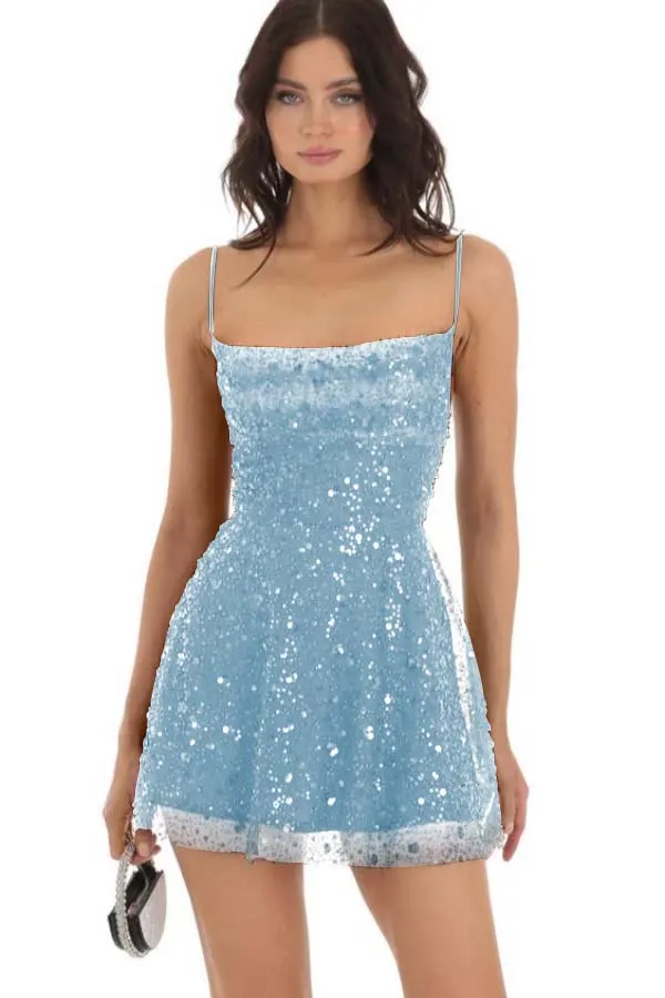 Lulustina Spaghetti Straps Tulle Sparkly Sequin Homecoming Dress