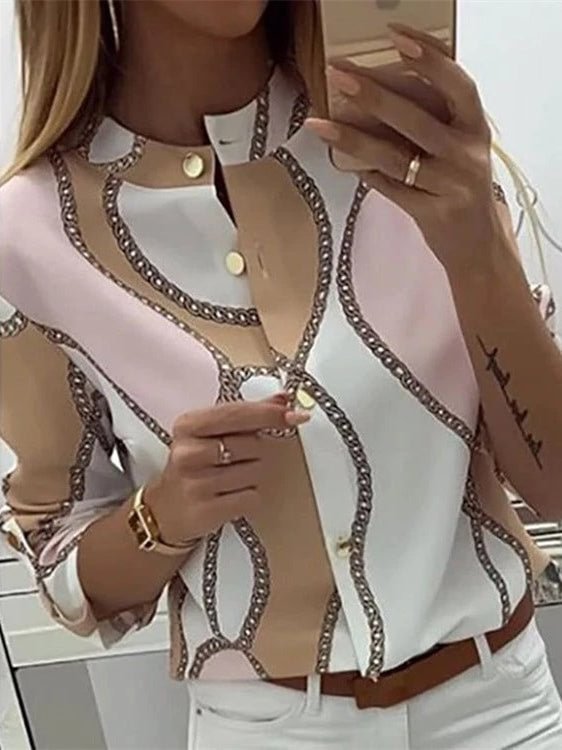 Women's Khaki Scoop Neck Long Sleeve Striped Buttons Top