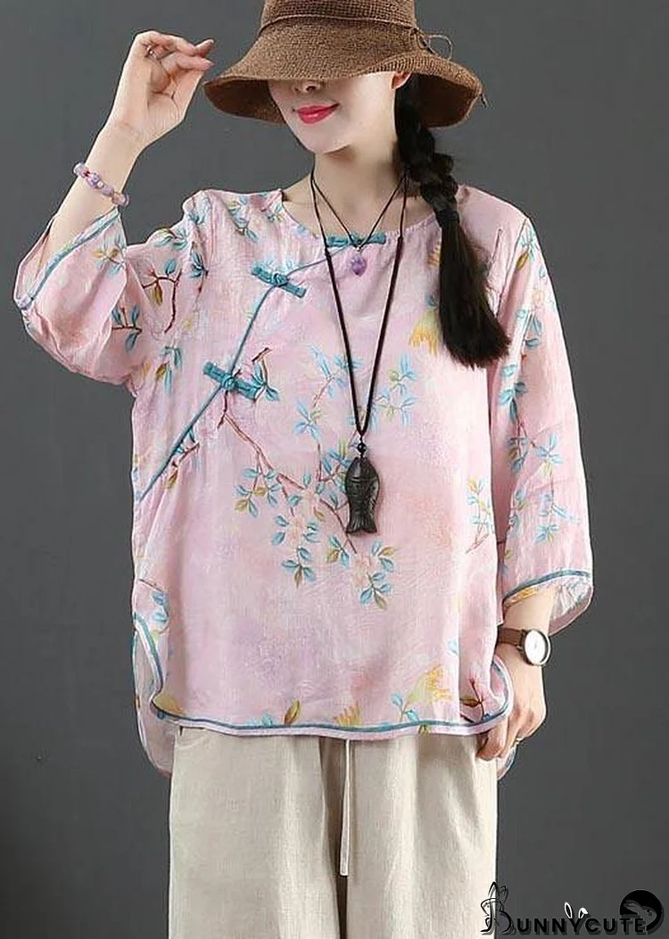 Plus Size Pink Print Linen Oriental Summer Shirts