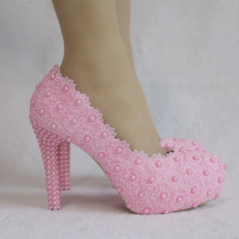 Breakj Breakj Lace Heels Wedding Shoes Lace Pearl Shoes Size Fine Heel Waterproof Shoes 14WL