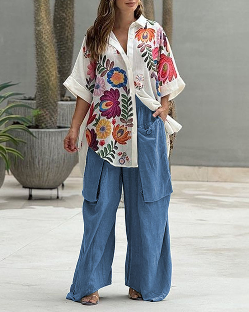 Rotimia Casual Printed Shirt & Pocket Pants Two-Piece Set