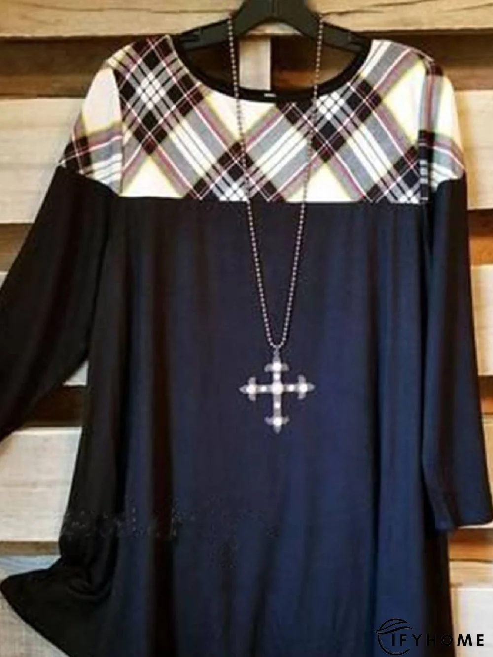 Long Sleeve Paneled Crew Neck Checkered/plaid Tunic T-Shirt | IFYHOME