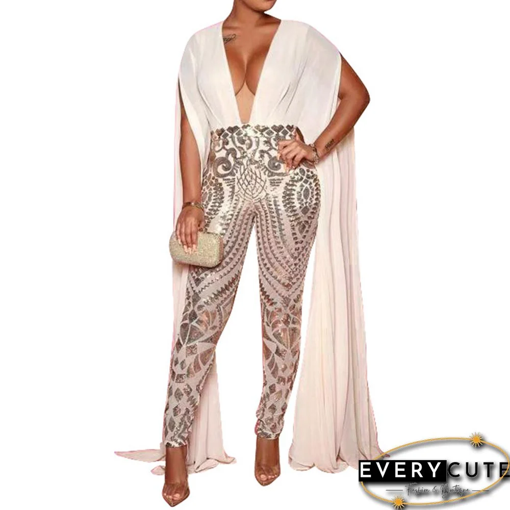 Apricot Deep V Neck Splice Sequined Jumpsuit