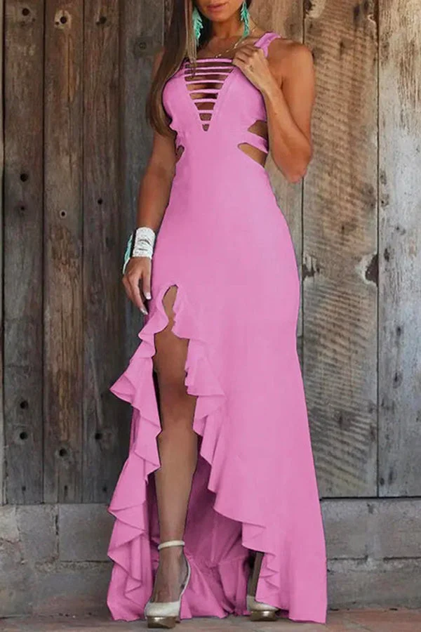 Deep V Neck Cut Out Slit Maxi Ruffle Swing Dress