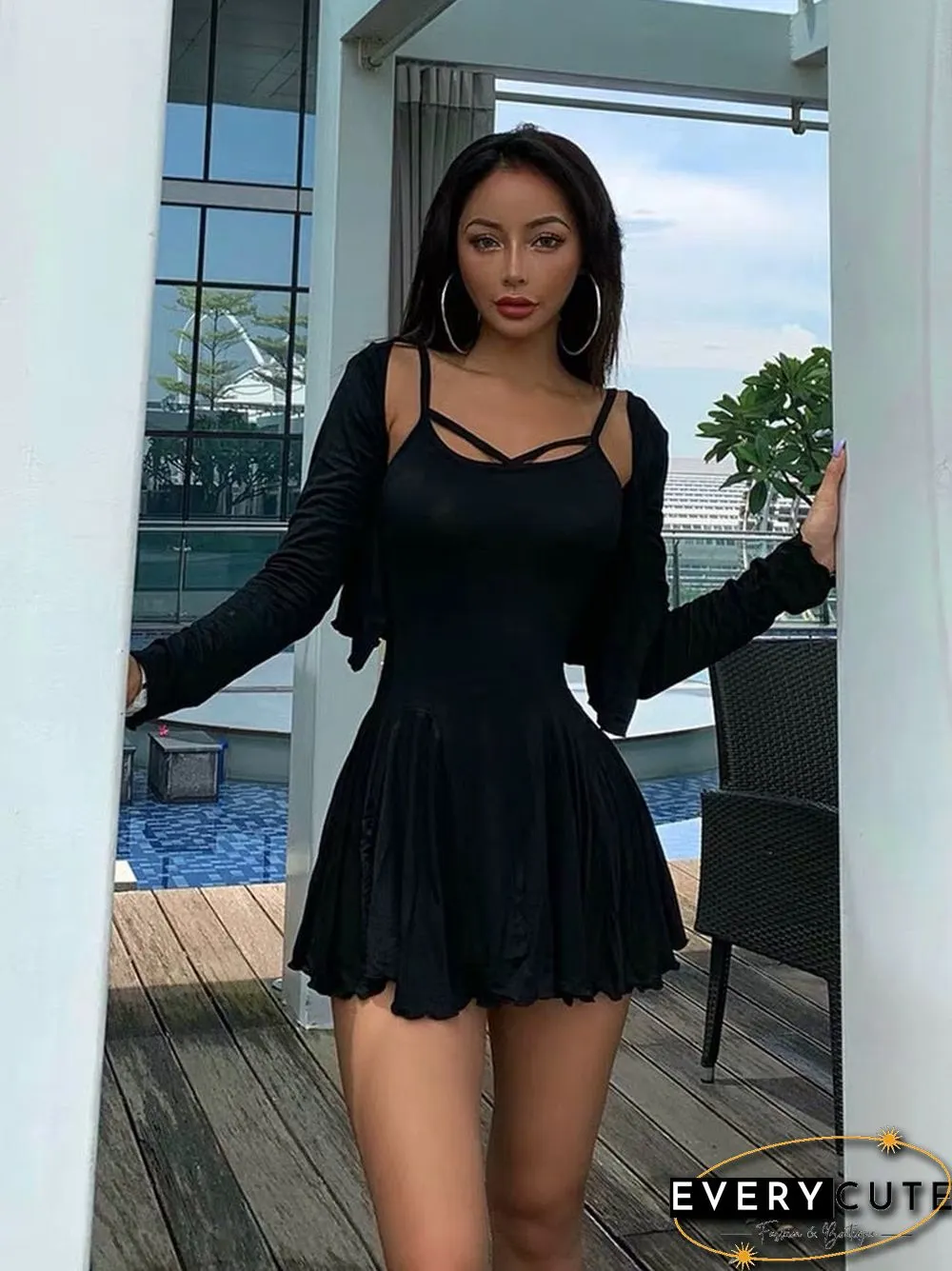 Womens Two Piece Cotton Suit Skirt Short Cardigan Long Sleeve Sexy Low Chest Cross