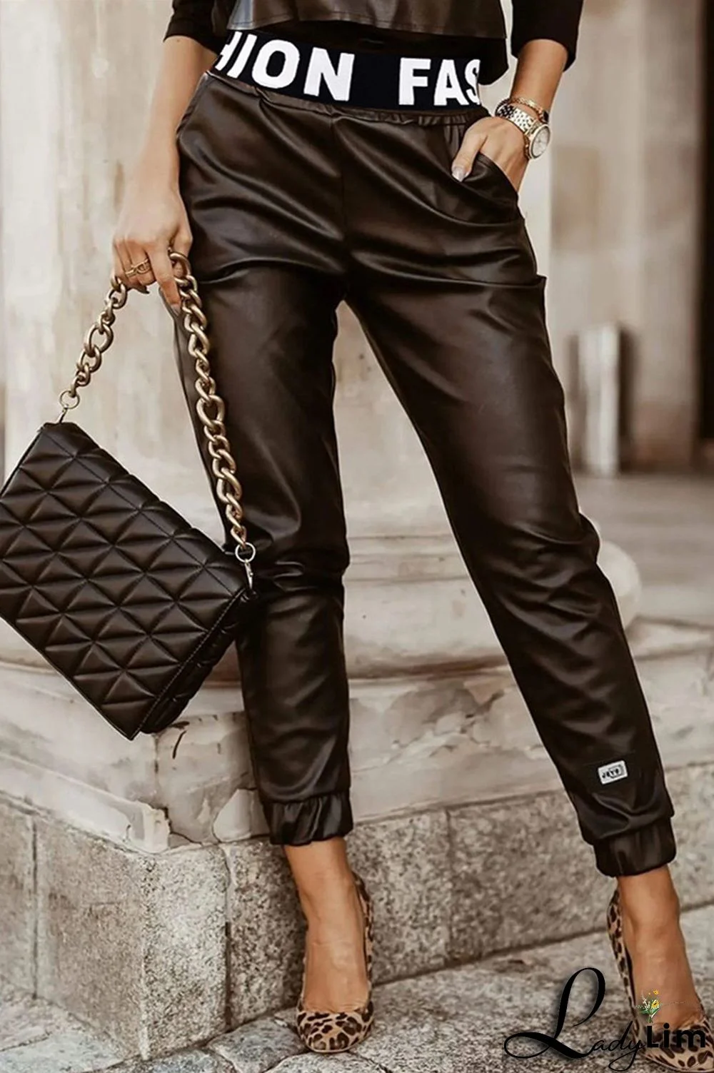 Black Fashion Casual Letter Split Joint Regular High Waist Pencil Trousers