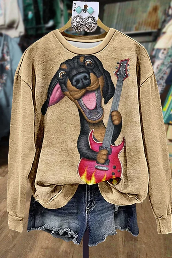 Cute Dachshund Print Crew Neck Sweatshirt