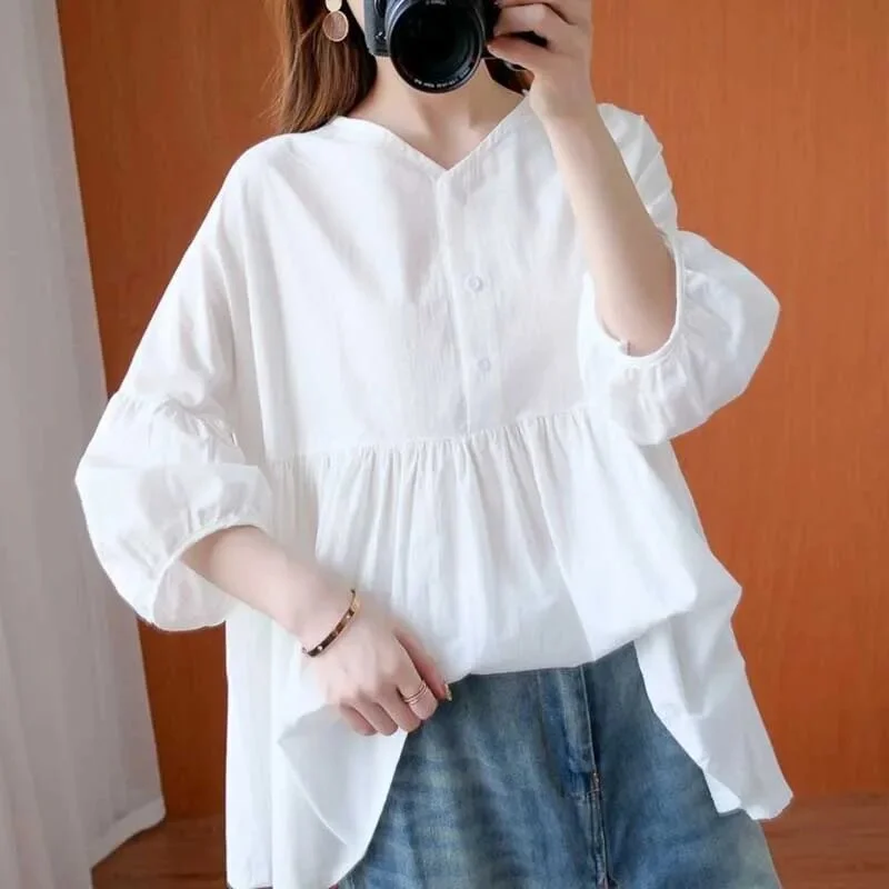 Wongn V-Neck Loose Solid Color Folds Shirts Women's Clothing 2024 Spring New Oversized Casual Tops Lantern Sleeve Blouses