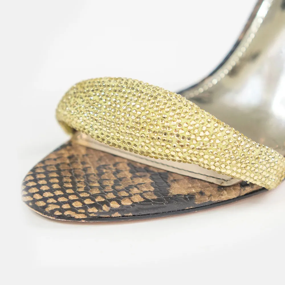 Black & Gold Rhinestone Snakeskin Pattern High Heels Sandals