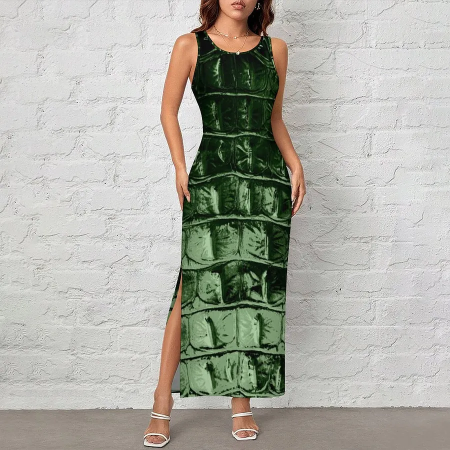 Vintage Hornback Alligator Leather Pine Green Women Side Slit Tank Dresses Sleeveless Maxi Dress Vintage-3XL
