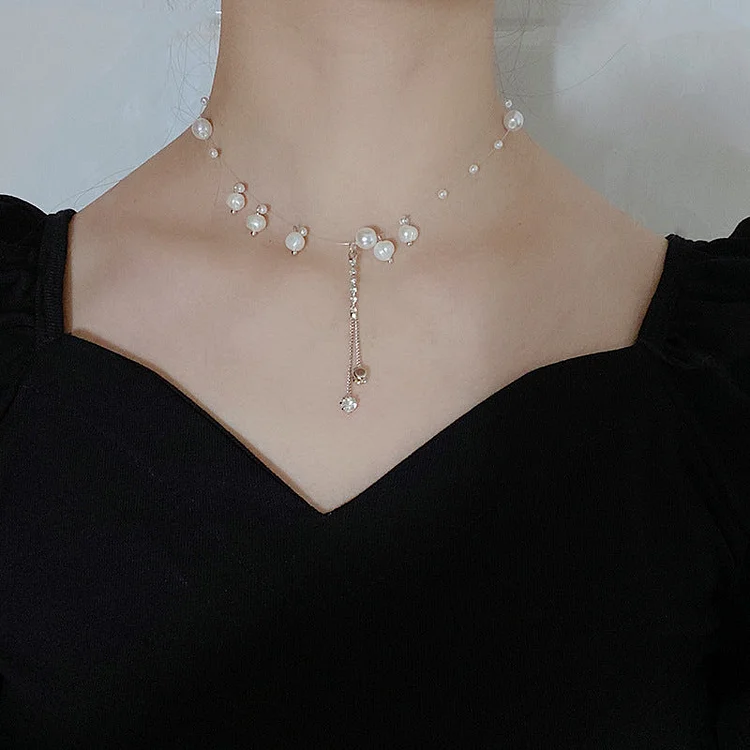 Tassel And Rhinestone Fish Line Pearl Necklace