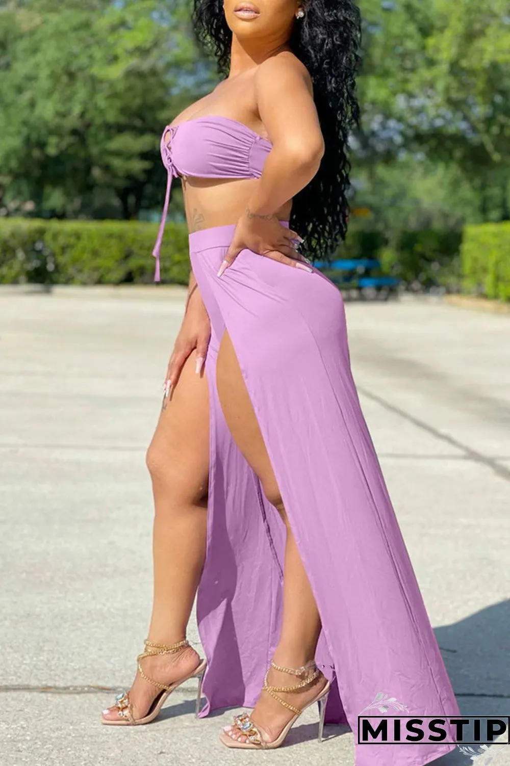 Orange Sexy Solid Hollowed Out Backless Slit Strapless Sleeveless Two Pieces