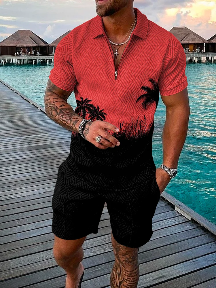 Men's Holiday Coconut Tree Printed Polo Suit