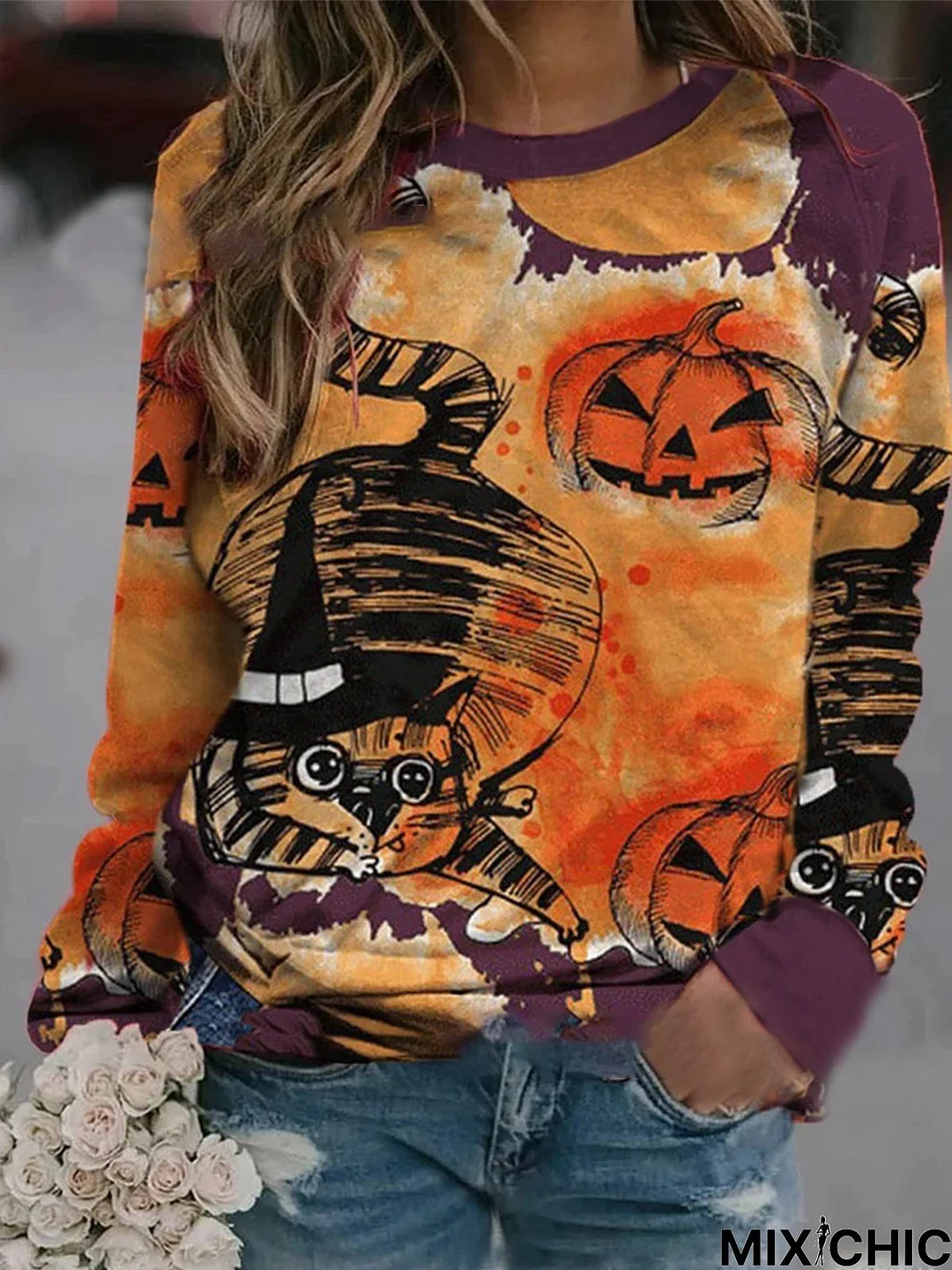 Vintage Long Sleeve Halloween Printed Statement Casual Sweatshirt Top