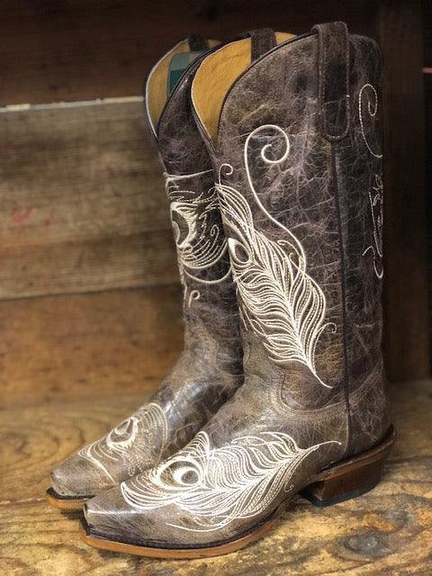Women's Vintage Brown Peacock Feather Wide Calf Snip Toe Boots
