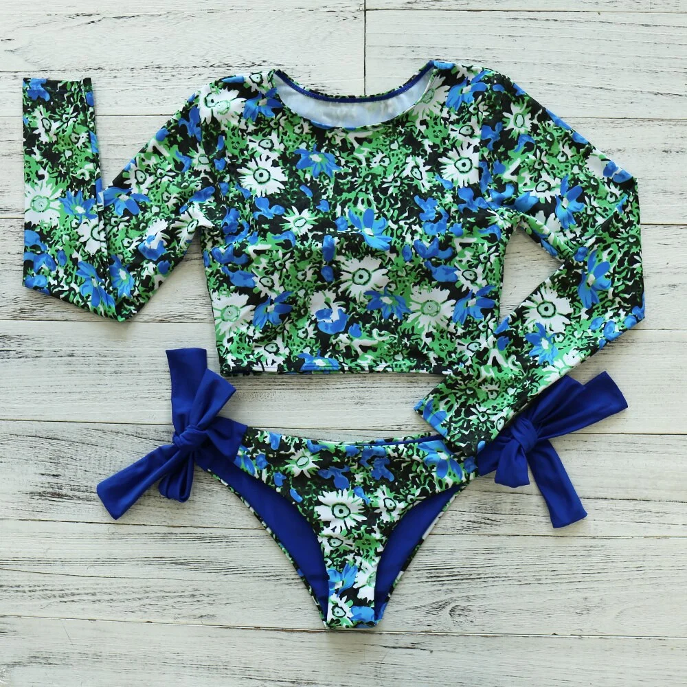 2020 New Sexy Long Sleeve Bikinis Women Swimsuit Green Leaves Print Bathing Suits Beachwear Brazilian Bikini Set Biquini Female