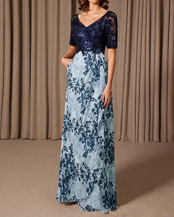Embroidered Floral Sequin V Neck Dress
