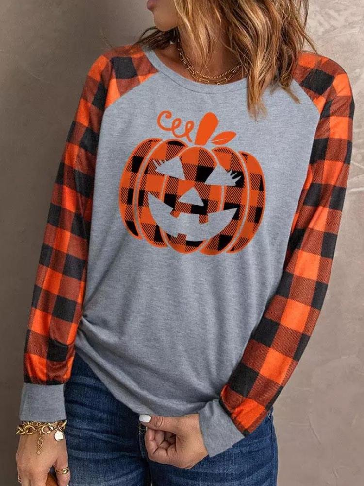 Pumpkin Plaid Printed Raglan Sleeve Round Neck Sweatshirt
