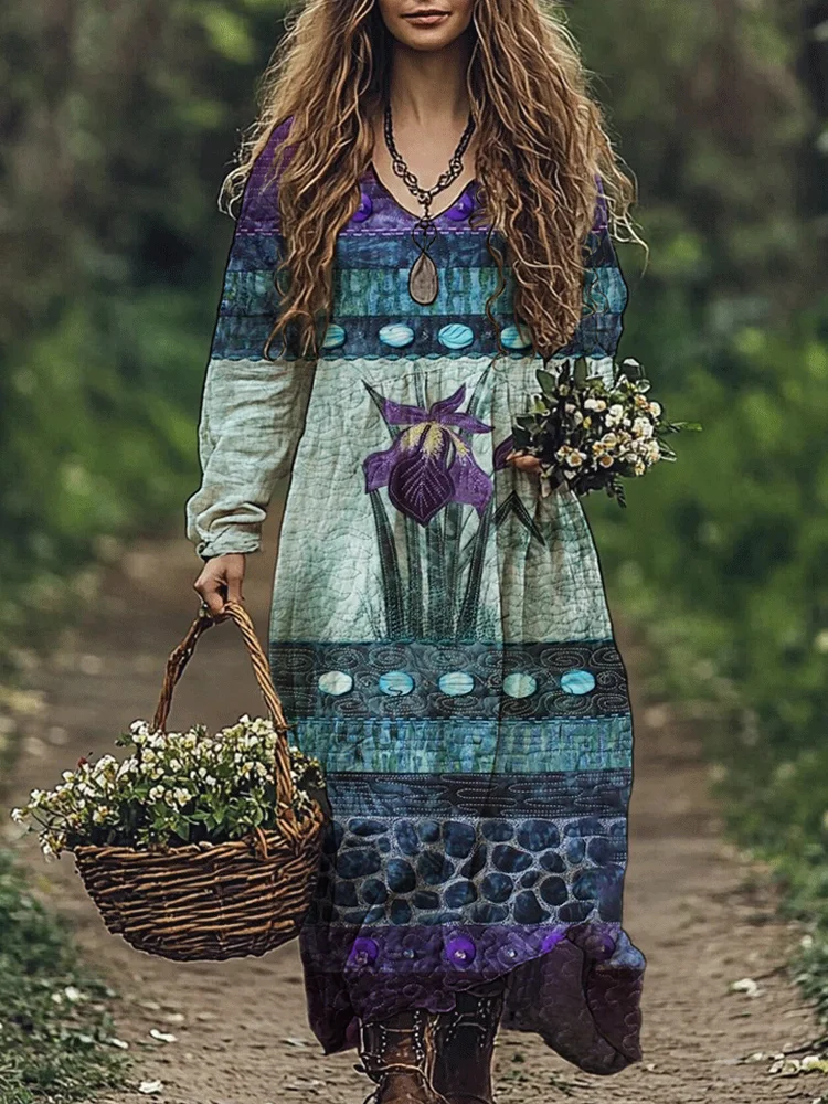 Utbros Vintage Botanical Floral Women's Linen Maxi Dress