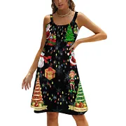 ugly beach dress SFNEEWHO Christmas Everything Ugly Sweater Party 2 Summer Hawaiian Beach  Retro Dresses Casual Sling Sleeveless Printed Knee Length Dress