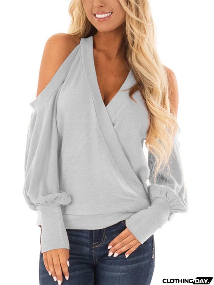 V-neck Cold Shoulder Lantern Sleeve T-shirt for Ladies