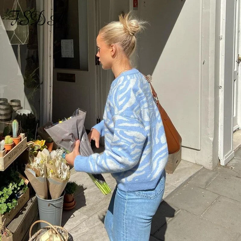 FSDA 2021 Autumn Winter Blue Casual Sweater Top O Neck Long Sleeve Oversized Knitted Pullover Loose Fashion Jumper