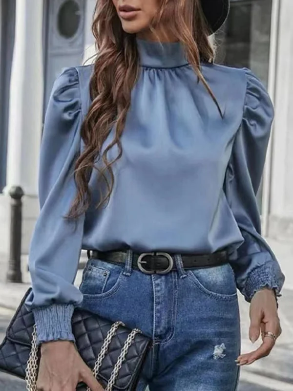 Elasticity Hollow Pleated Split-Joint Loose Puff Sleeves Stand Collar Blouses