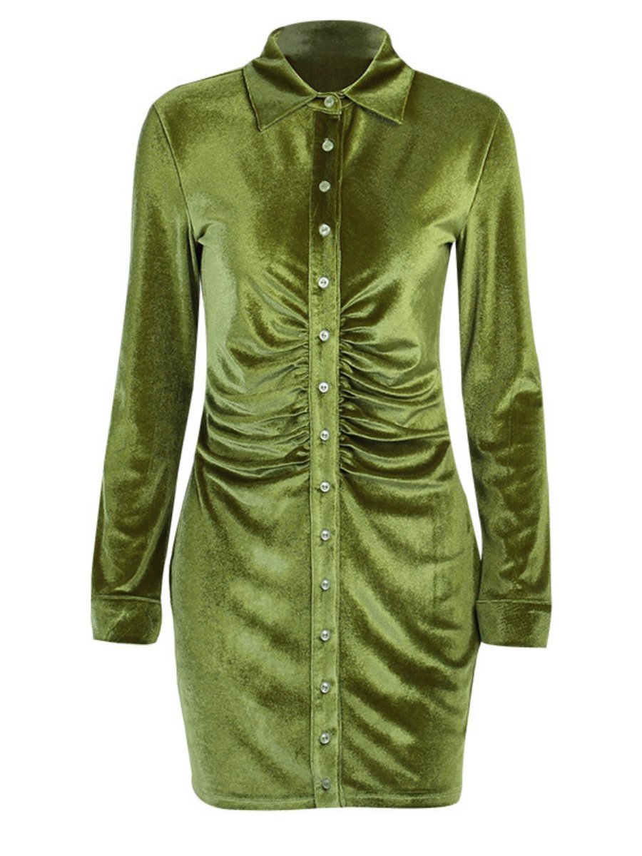 Women's Shirt Dress Pleated Slim Lapel Button Long Sleeve Bodycon Dress