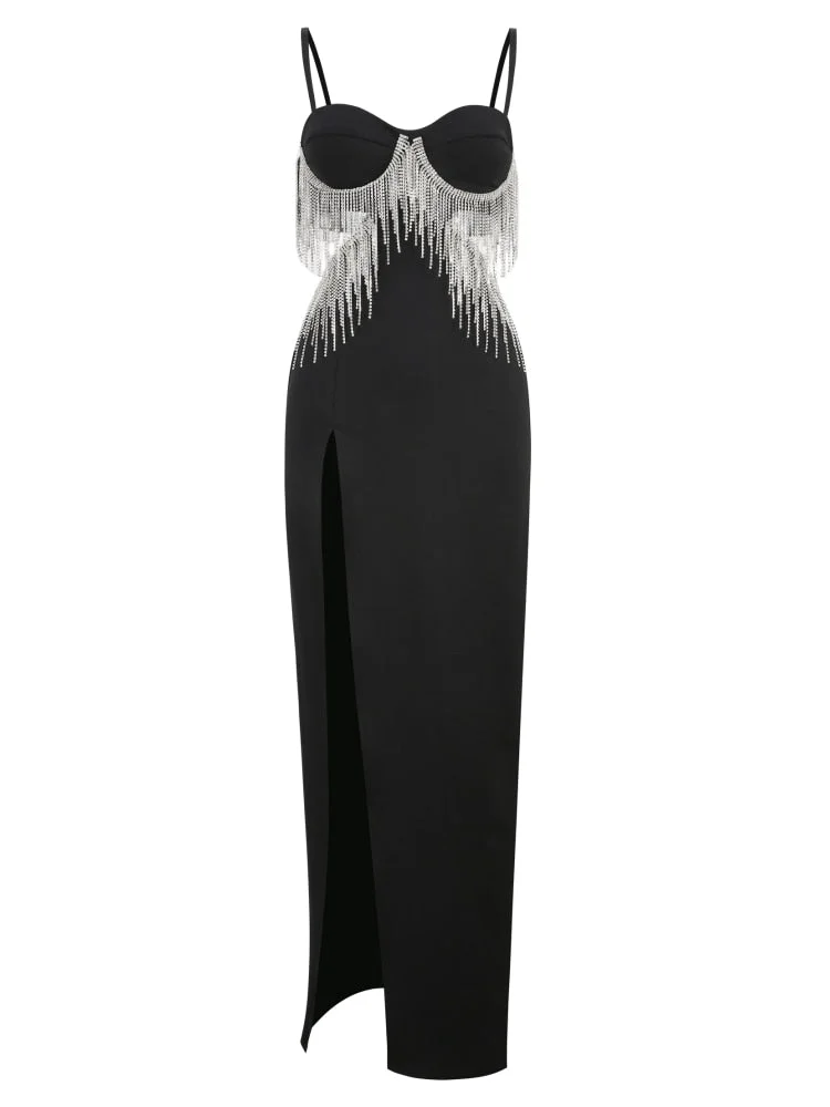 Toloer Black Cupped Cut-Out Rhinestone Tassel Maxi Dress-Outfit Ideas