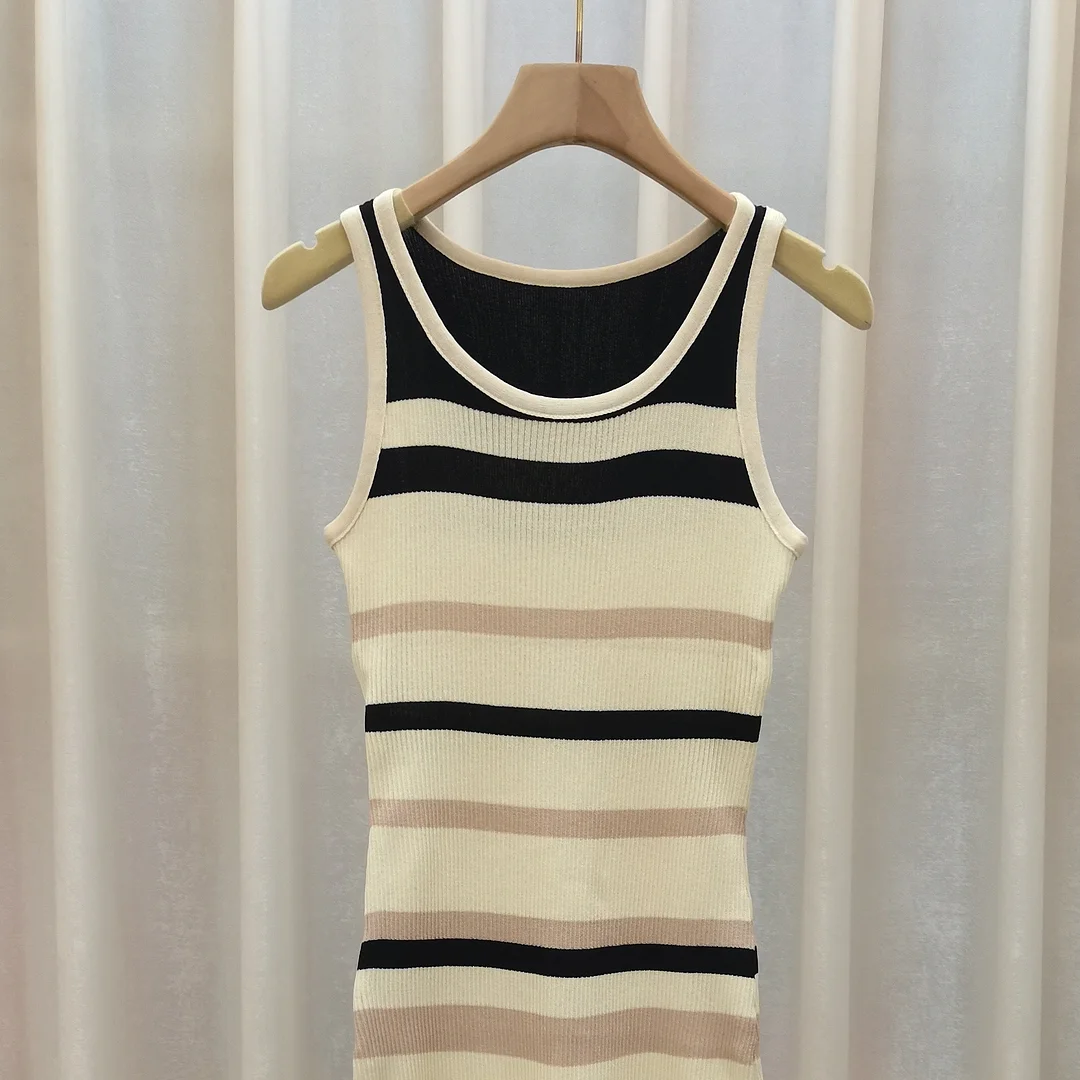 Uveng Uveng Dopamine Striped Knitted Sling Dress Autumn New Korean Version Of The Famous Mid-Long Waistcoat Skirt Trend
