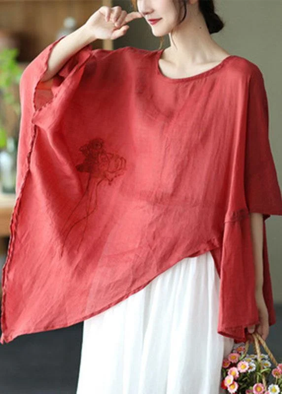 Art Black Asymmetrical Design Embroidered Summer Ramie Shirt Tops