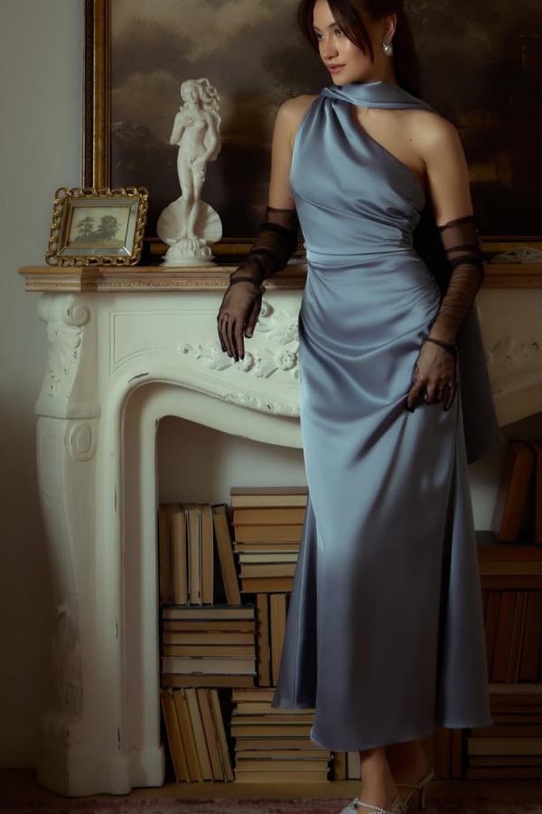 Elegant Dusty Blue One-Shoulder Prom Dress Slimming Ankle Length | Risias