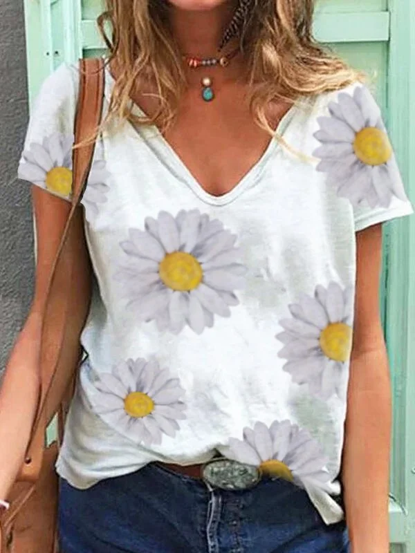 Women Short Sleeve V Neck Sun Flower Print Short Sleeve T-Top
