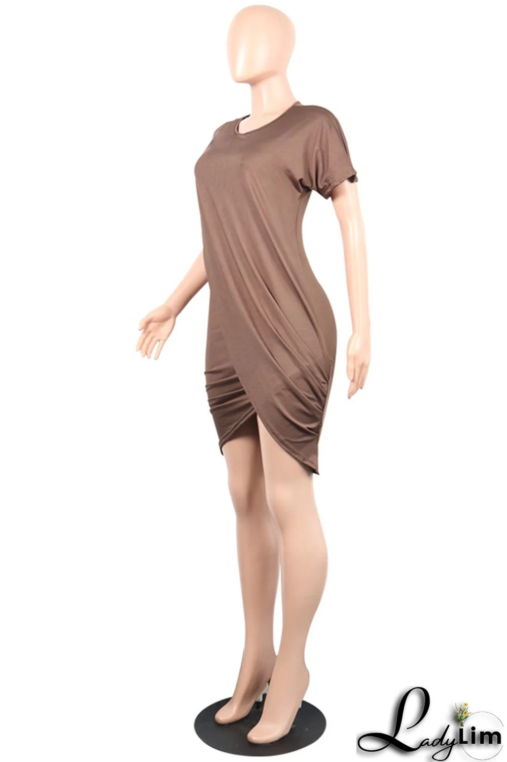 Grey Fashion Casual Solid Split Joint O Neck Short Sleeve Dress