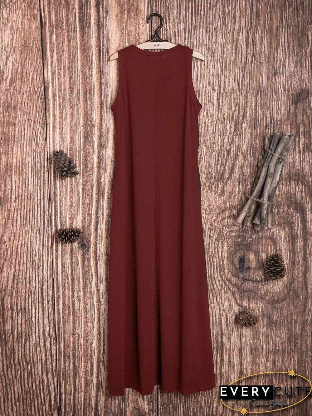 Cotton-Blend Solid Sleeveless Crew Neck Casualdress