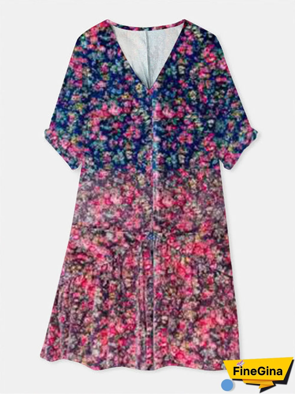 Women Short Sleeve V-neck Floral Printed Gradient Midi Dress