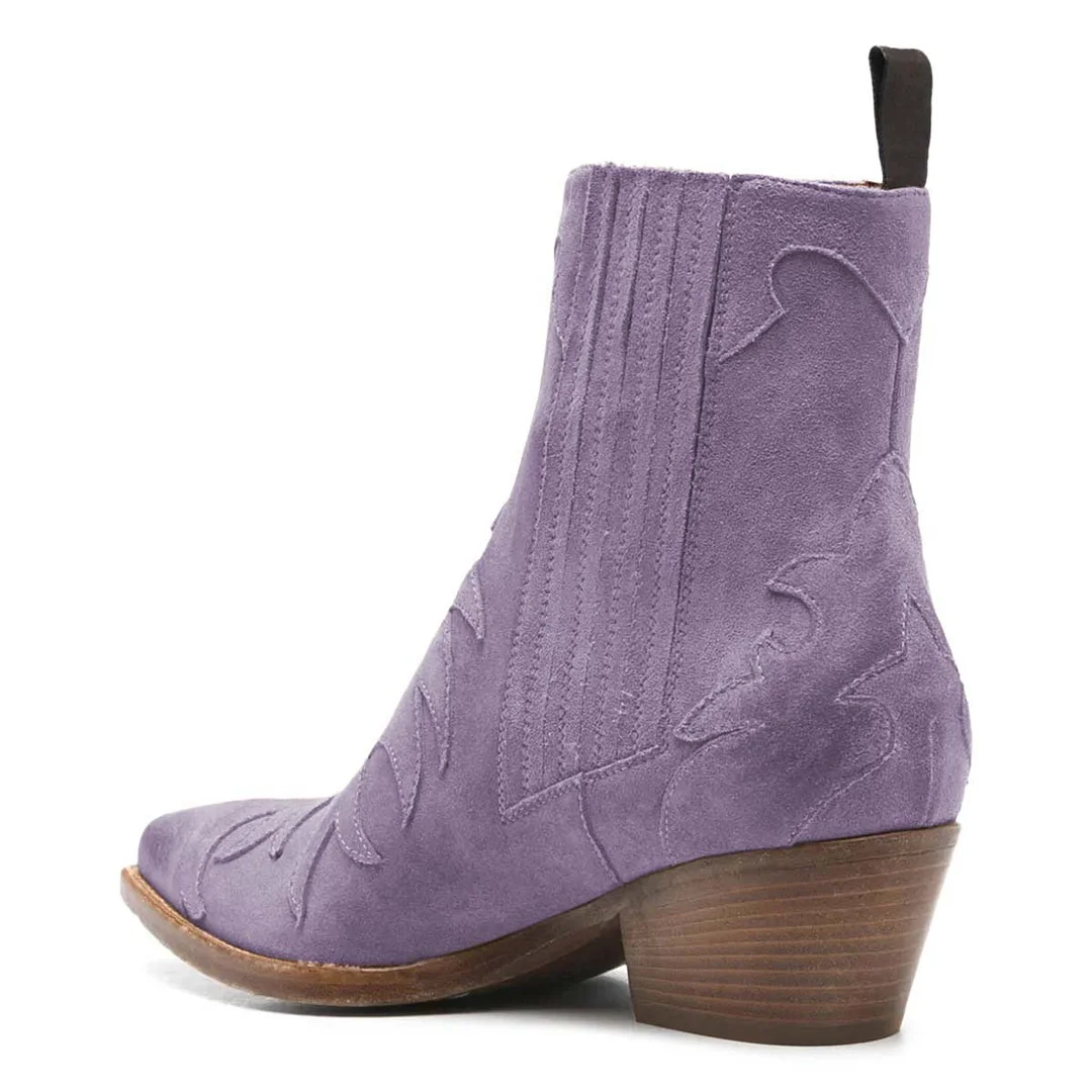 Purple Block Heel Snip Toe Patchwork Ankle Western Boots for Women