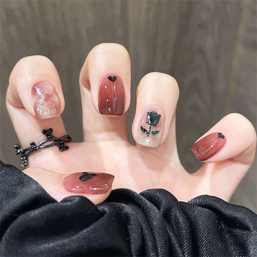 Qinice 24Pcs/Set Milkshake Diamond Lattice Wearing False Nails Tips Fall Winter Adhesive Fake Nails Removable French Press on Nail Art