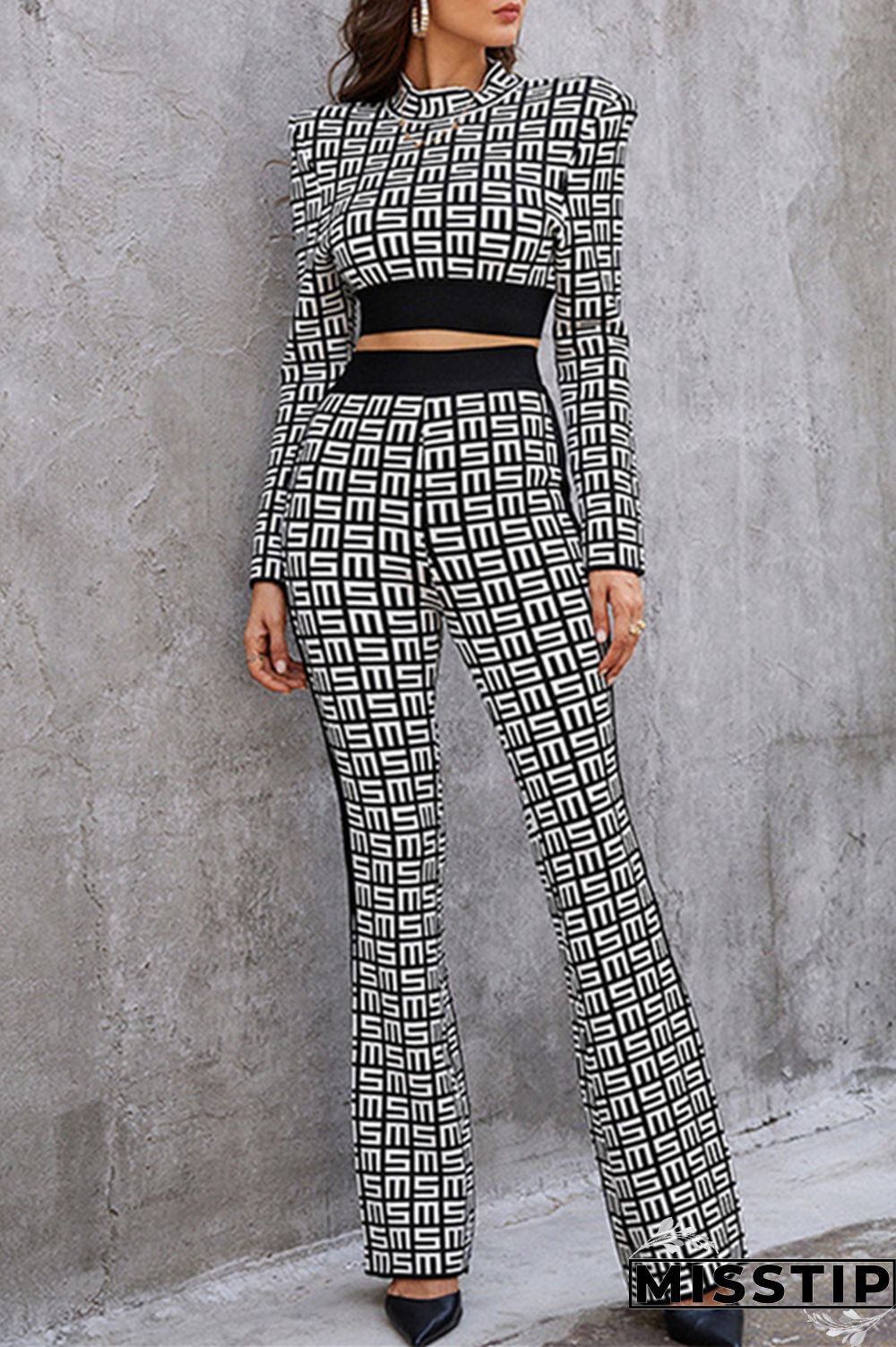 Black White Casual Print Patchwork Half A Turtleneck Long Sleeve Two Pieces