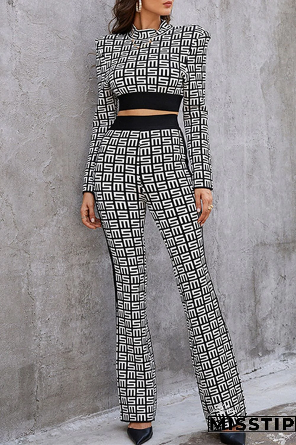 Black White Casual Print Patchwork Half A Turtleneck Long Sleeve Two Pieces