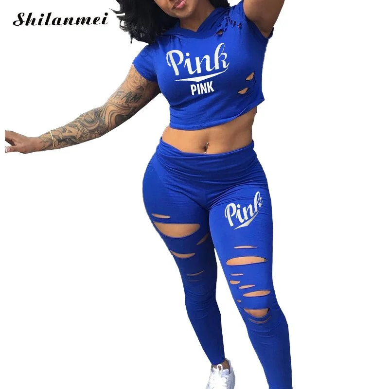 Abebey  Spring Casual PINK Printed Women Two Piece Outfits Short Sleeve T-Shirts Long Skinny Pants Suits New Tracksuit Women