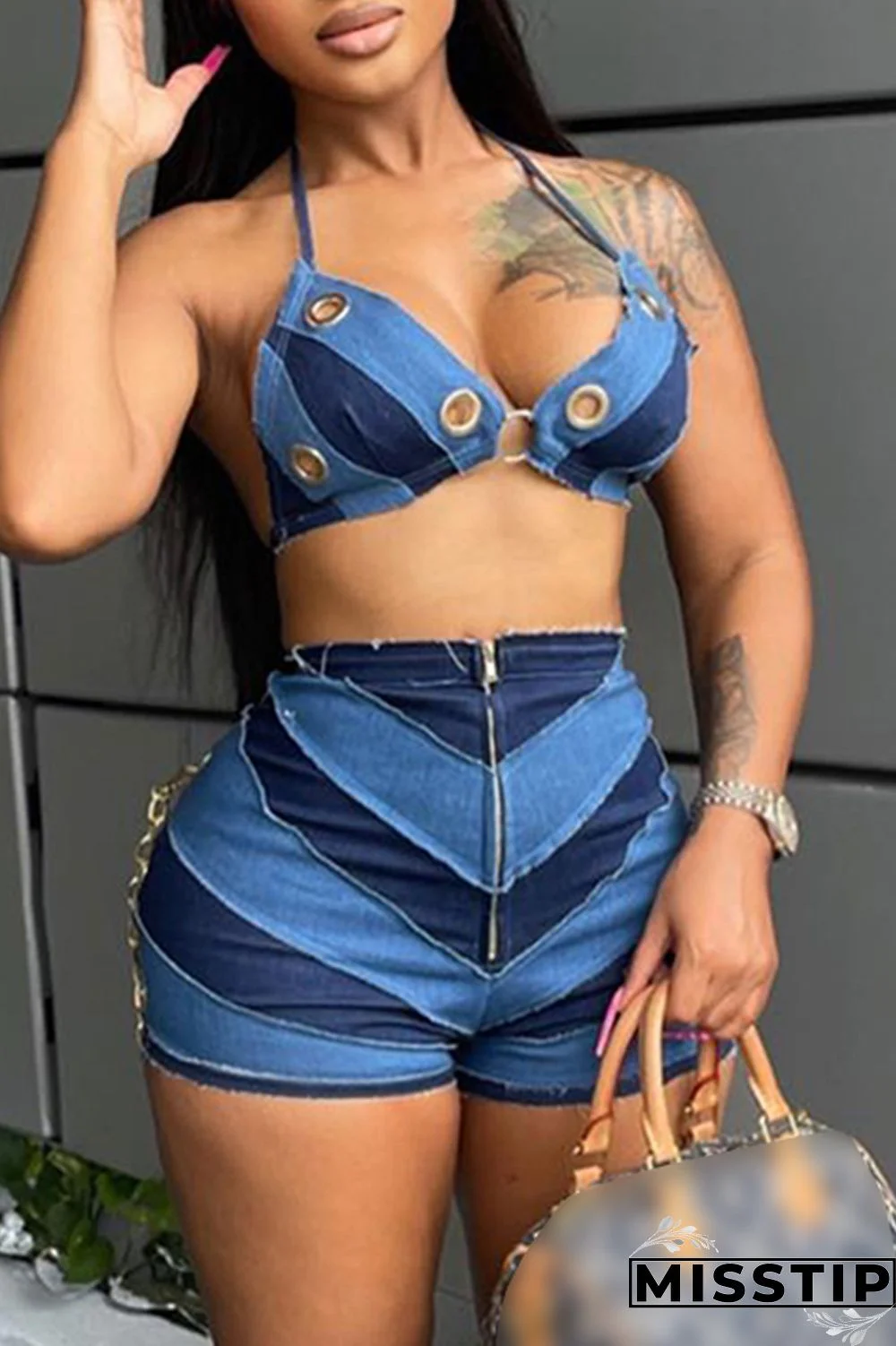Blue Sexy Patchwork Bandage Hollowed Out Backless Contrast Halter Sleeveless Two Pieces