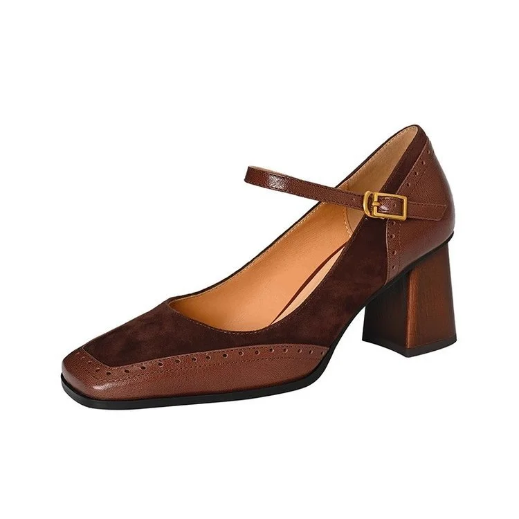 Yyvonne Women In The Autumn Of 2025 New Splicing Rough And One-Character Buckle With French Head High-Heere Retro Mary Jane Shoes