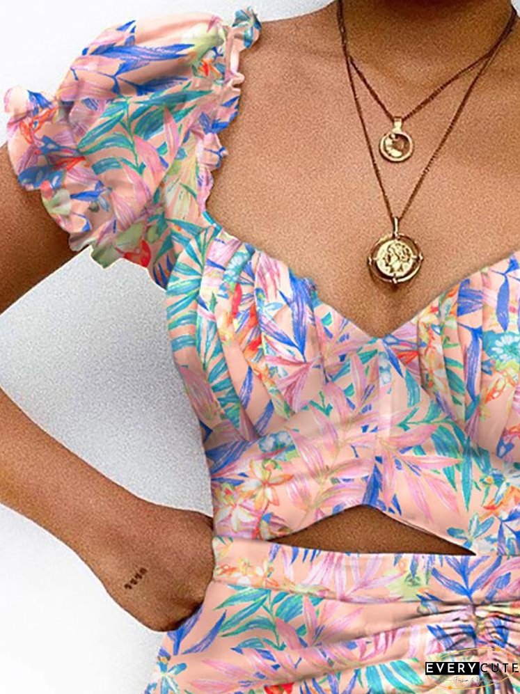 Cutout Front Ruched Puff Sleeve Tropical Print Dress